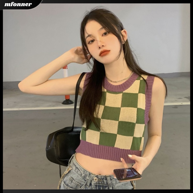 Áo Croptop Dệt Kim Không Tay Cổ Tròn In Họa Tiết Bảng Thời Trang Cho Nữ