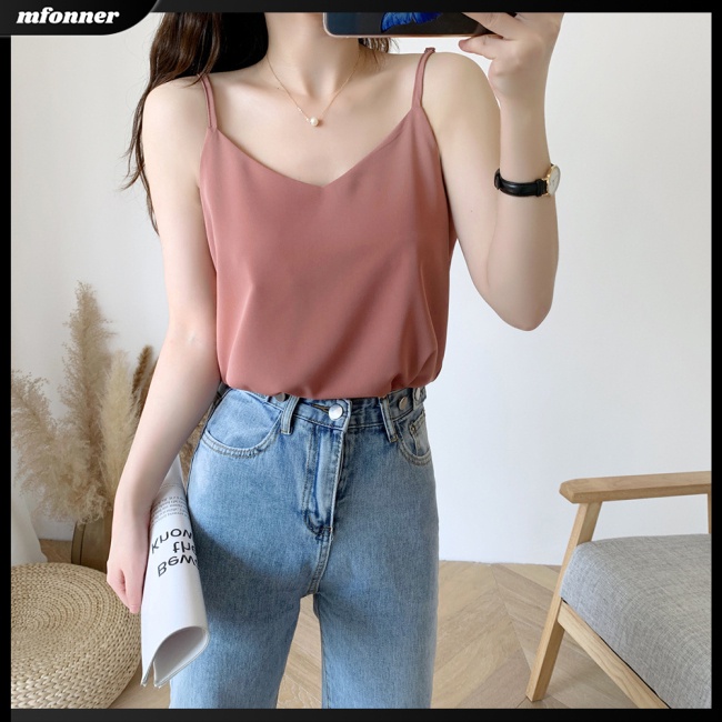 Áo Voan Hai Dây Cổ Chữ V Dáng Rộng Màu Trơn Thời Trang Mùa Hè Dành Cho Nữ