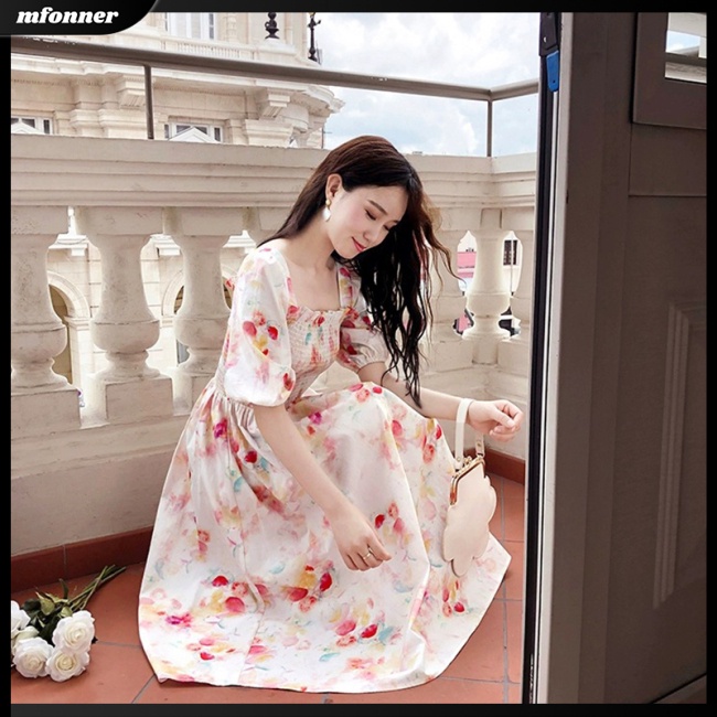 Đầm Midi Dáng Chữ A Tay Phồng Cổ Vuông in Họa Tiết Tranh Sơn Dầu Thời Trang Cho Nữ