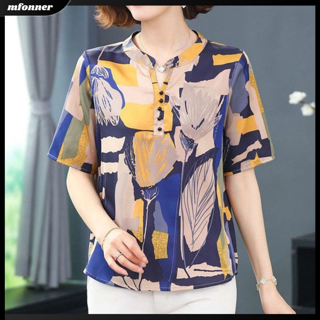 Áo Sơ Mi Tay Ngắn Cổ Đứng Dáng Rộng In Họa Tiết Kiểu Retro Thời Trang Mùa Hè Cho Bạn Gái