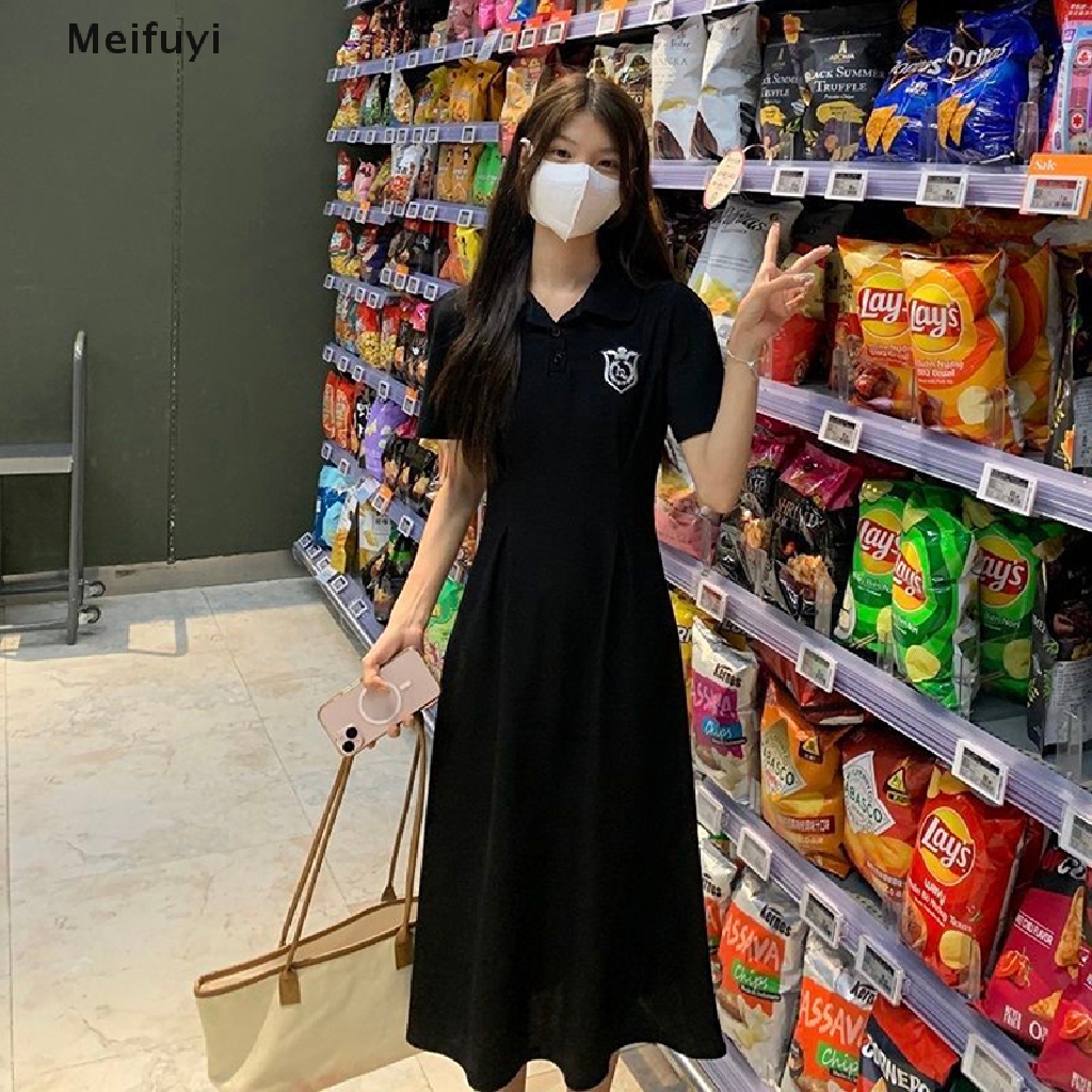 [Meifuyi] Đầm Dáng Chữ A Cổ Bẻ Tay Ngắn Ôm Eo Phong Cách Preppy Thời Trang Mùa Hè Cho Nữ