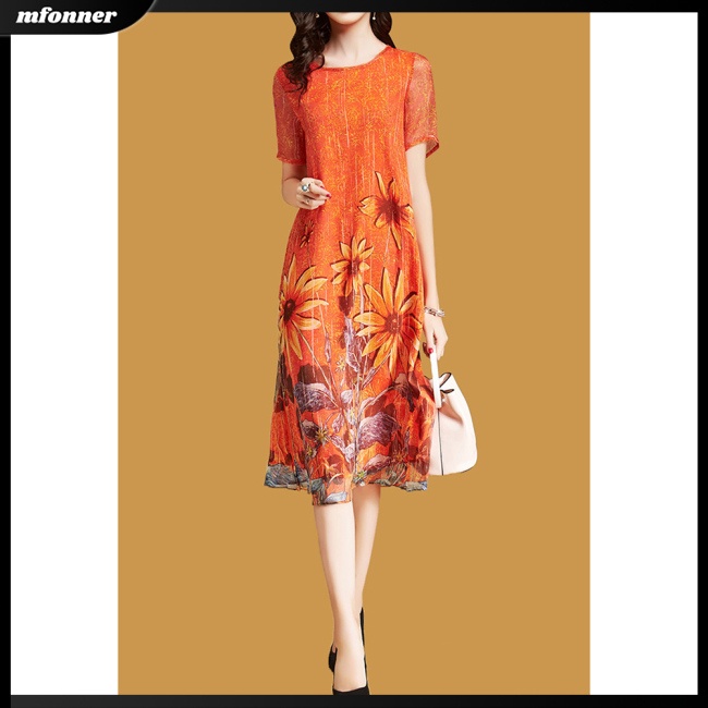 Đầm Tay Ngắn Cổ Tròn Dài Đến Đầu Gối Vải Lụa Sữa In Hoa Thời Trang Dự Tiệc Cho Bạn Gái