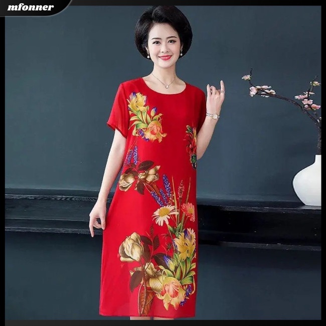 Đầm Tay Ngắn Cổ Tròn Dáng Rộng In Họa Tiết Thời Trang Sang Trọng Cho Phụ Nữ Trung Niên