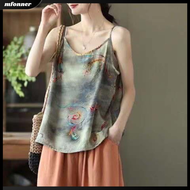 Áo Hai Dây Mỏng Họa Tiết Hoa Phong Cách Retro Cho Nữ