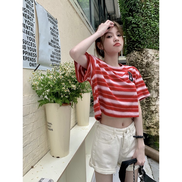 NZN Mới Áo Thun Tay Ngắn Cổ Tròn Hoạ Tiết Kẻ Sọc