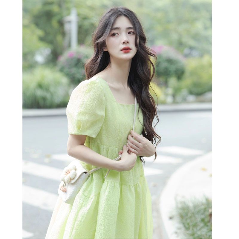 Ru Đầm Công Chúa Tay Phồng Màu Trà Xanh Lá Mùa Hè Phong Cách Pháp Ngọt Ngào Siêu Thơ Mộng Cho Nữ