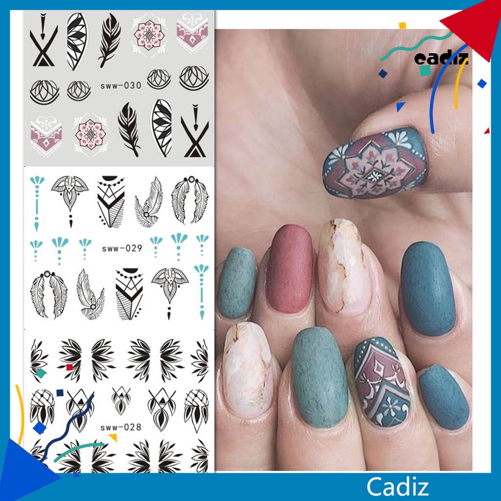 Bộ 12 Miếng Dán Móng Tay Chuyển Nước Tự Dính Không Phai Siêu Mỏng Họa Tiết Hoa Ma Rốc / Lông Vũ / Hoa