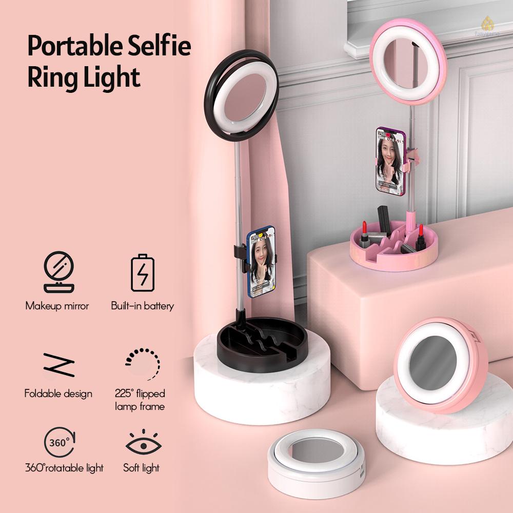 Vòng Đèn Led Tròn Gắn Gương Trang Điểm Có Thể Gập Lại Kèm Giá Đỡ Điện Thoại 3 Màu 5 Mức Độ Sáng Hỗ Trợ Quay Video Chụp Ảnh