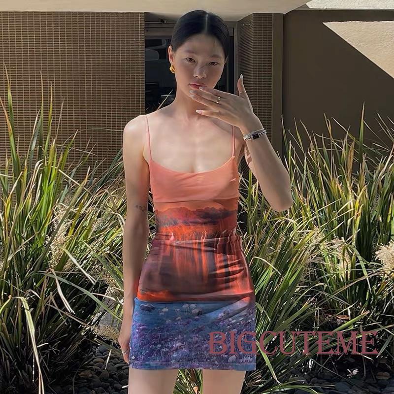 Đầm Mini Hai Dây Ôm Dáng In Họa Tiết Lanscape Có Thể Điều Chỉnh Cho Nữ