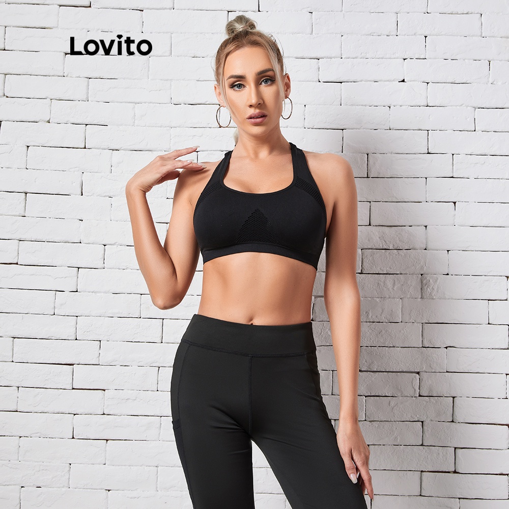Áo ngực thể thao Lovito hở lưng khoét lỗ khô nhanh phong cách thể thao L10903 (Màu đen)