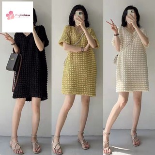 Đầm Tay Ngắn Dáng Rộng Họa Tiết Caro Phong Cách Hàn Quốc Thời Trang Mùa Hè Mới