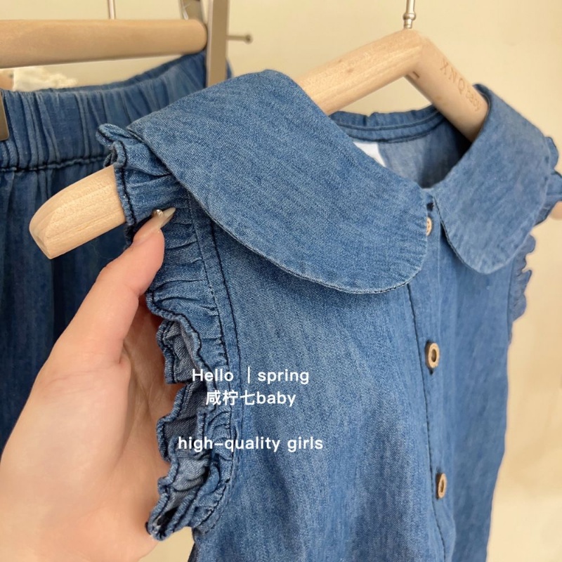 Bộ Áo Sơ Mi + Quần Short Denim Không Tay Thời Trang Mùa Hè Hàn Quốc 2023 Dành Cho Bé Gái