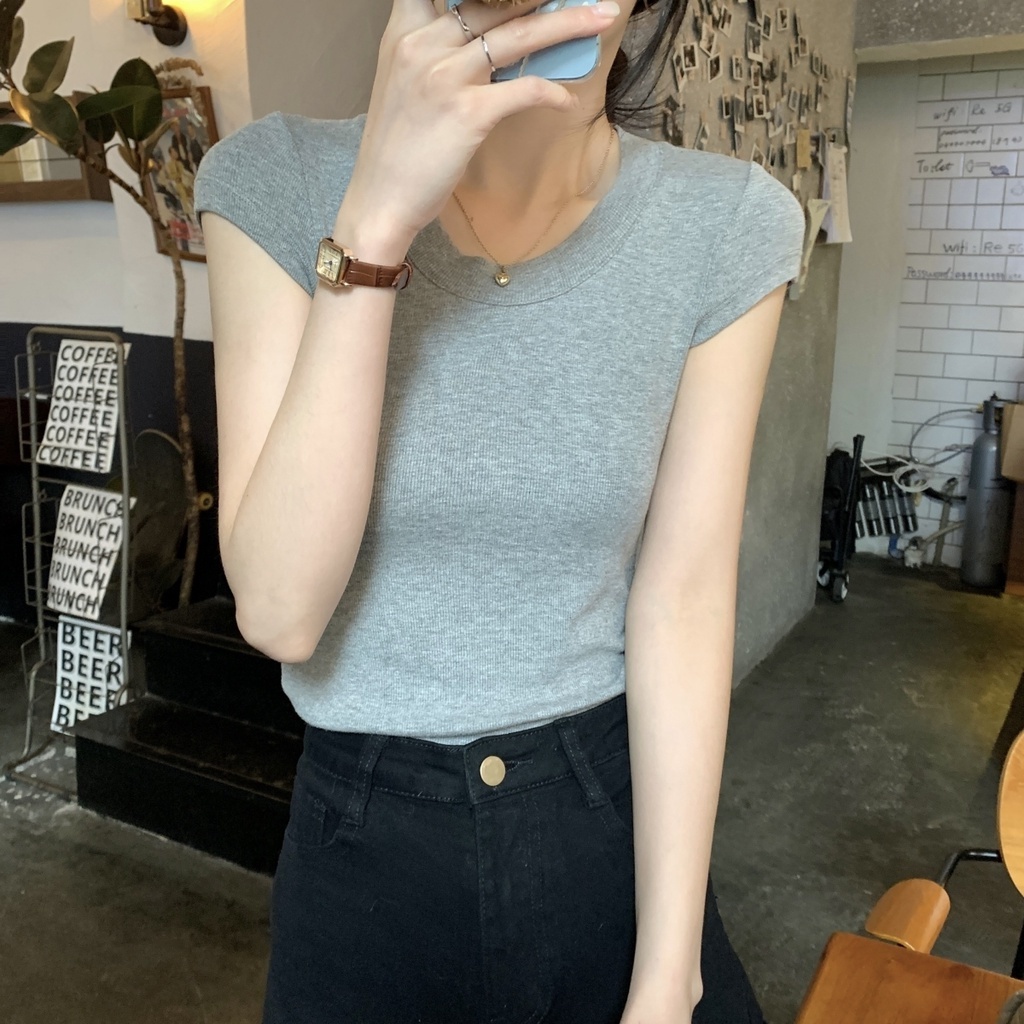 Áo Thun Tay Ngắn Cổ Chữ U Màu Sắc Đơn Giản Thời Trang Mùa Hè Dành Cho Nữ