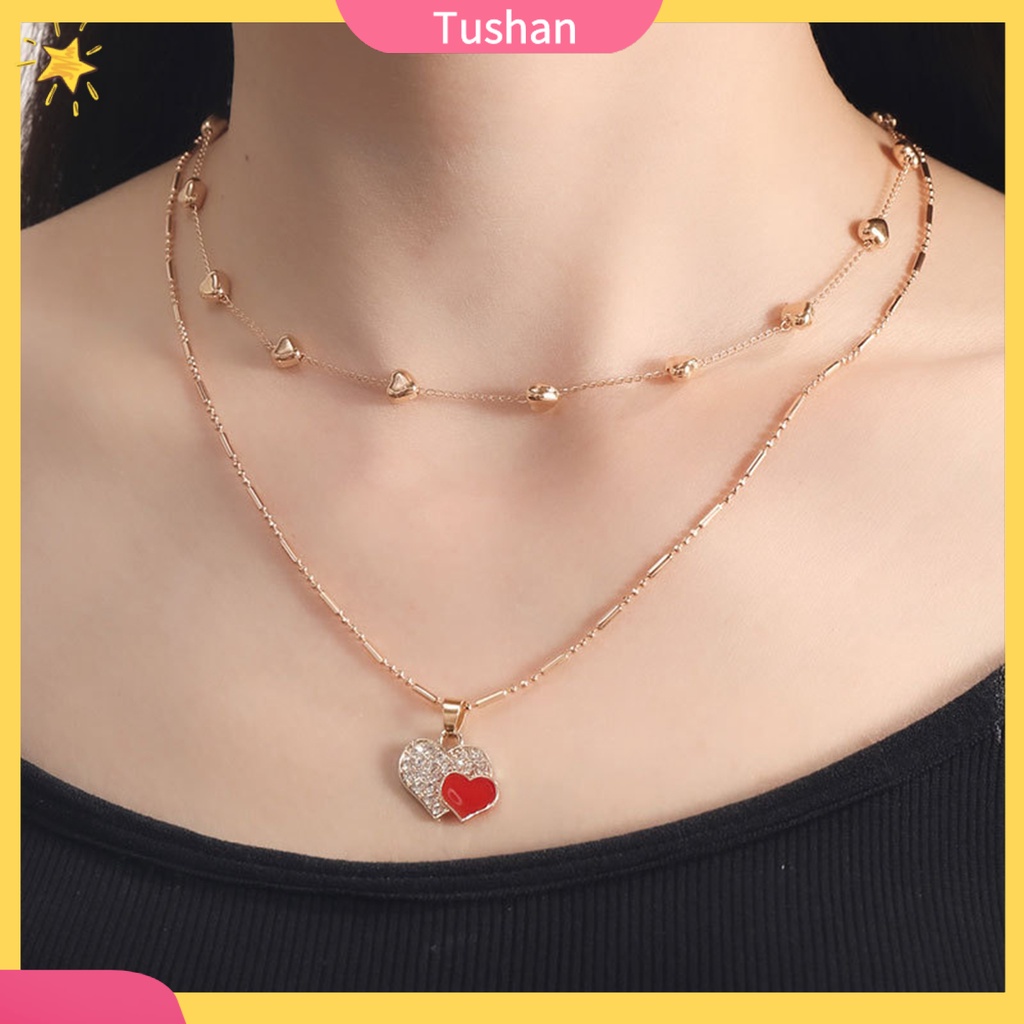 Vòng cổ Hai Lớp Hình Trái Tim Đính Đá Màu Sắc Nhẹ Nhàng Có Thể Điều Chỉnh