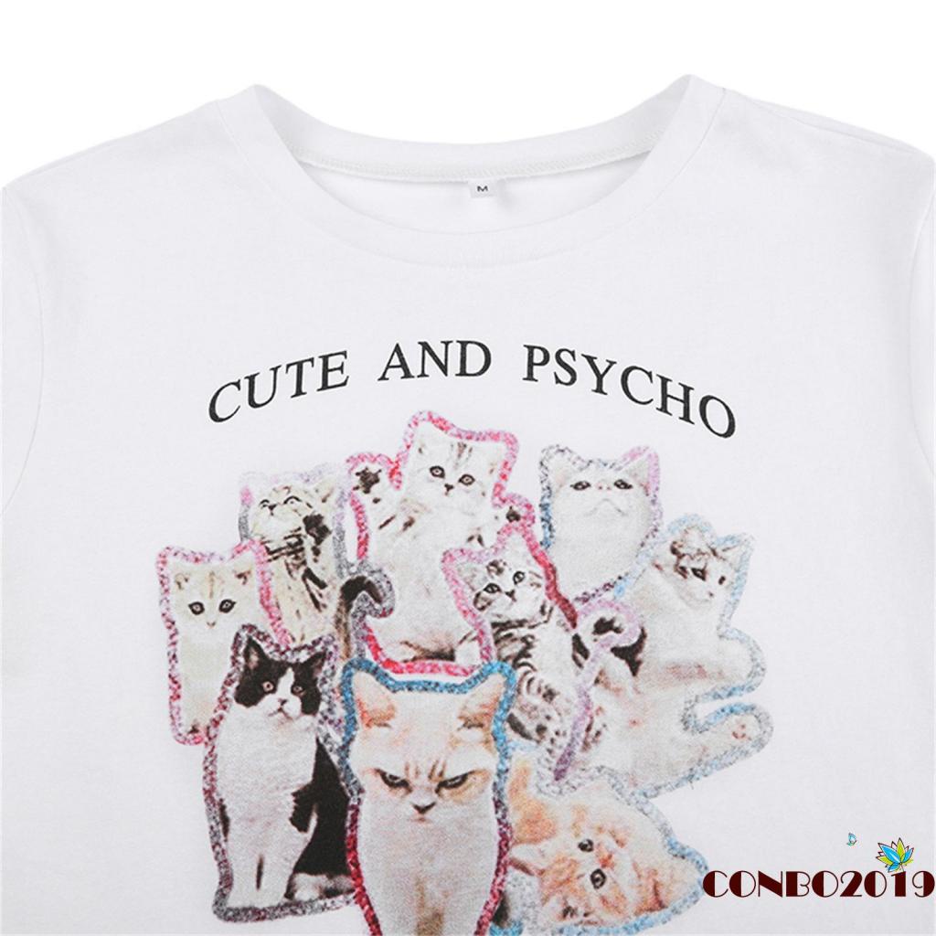 Áo Thun Crop Top Tay Ngắn Cổ Tròn In Hình Mèo Và Chữ Thời Trang Mùa Hè Cho Nữ