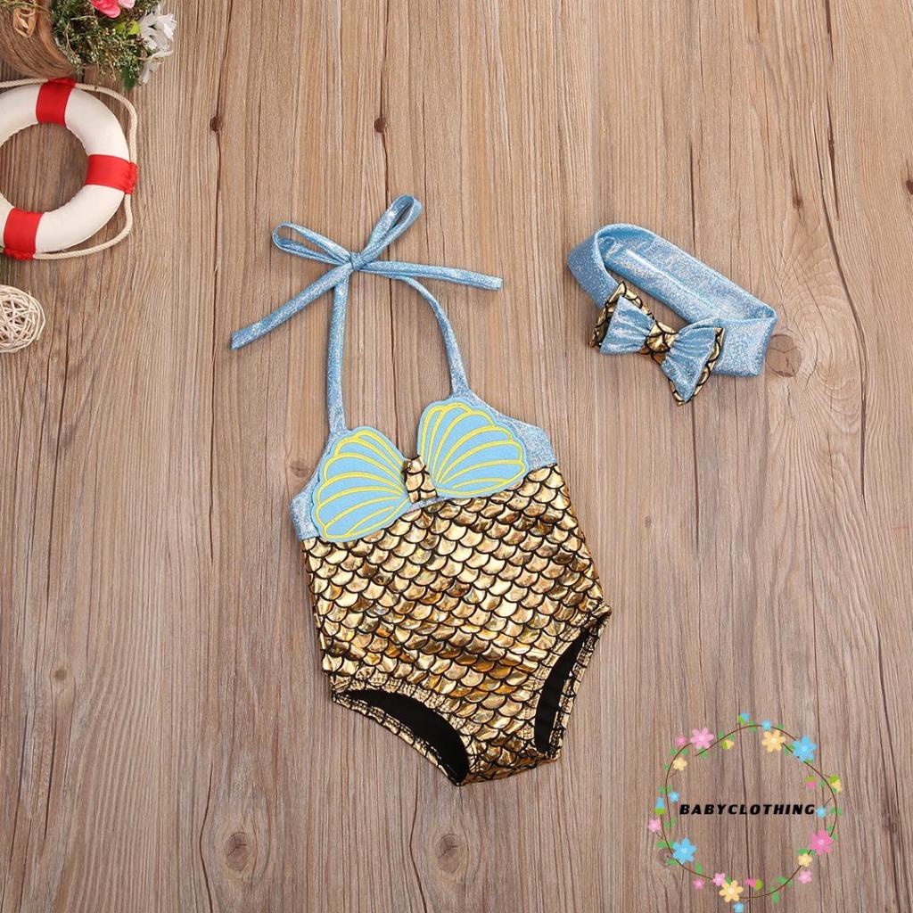 Babyclothes-kid Bộ Đồ Bơi Bikini Liền Thân Họa Tiết Vỏ Sò Nàng Tiên Cá Cột Dây Mù