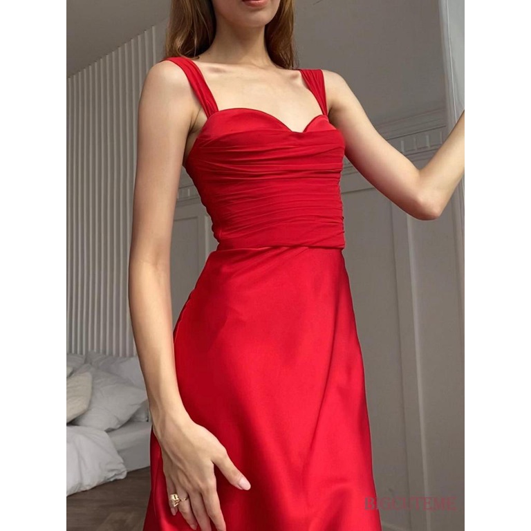 Đầm Dài Hai Dây Cổ Chữ V Màu Sắc Trơn Thời Trang Mùa Hè Cho Nữ