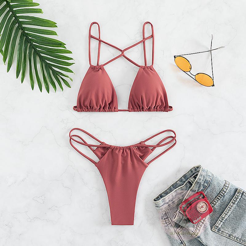 Bộ Đồ Bơi Bikini Màu Trơn Chéo Dây Có Đệm Ngực Thời Trang Mùa Hè Cho Nữ