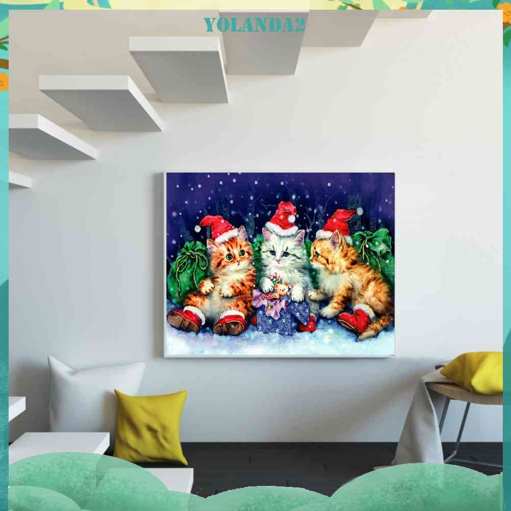 Tranh Đính Đá Kim Cương Toàn Bộ 5D DIY Hình Vẽ Mèo Giáng Sinh