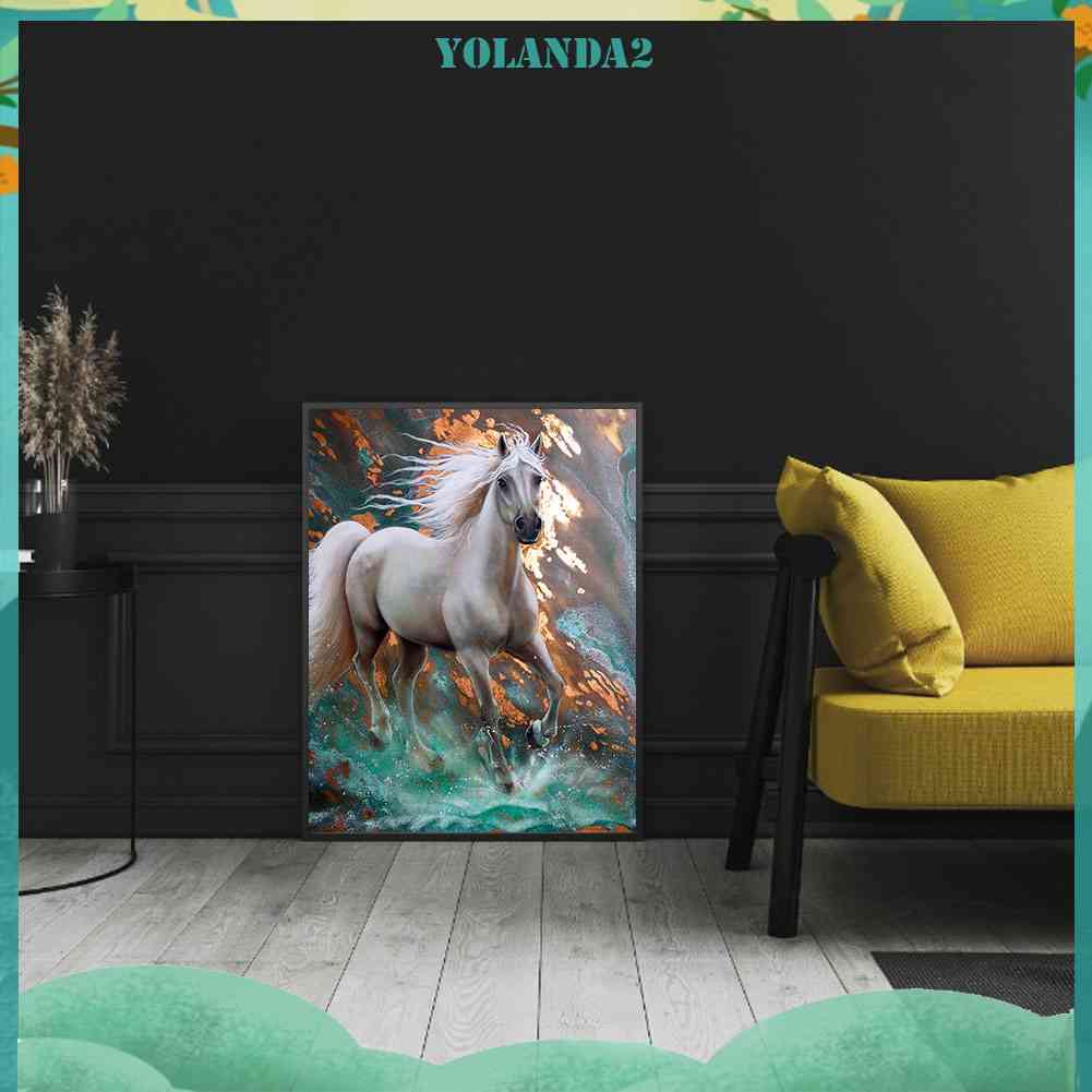 Tranh Đính Đá Kim Cương Toàn Bộ Hình Vẽ Ngựa Trắng Chạy Trên Tường Trang Trí Nội Thất