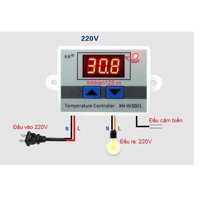 Bộ điều khiển nhiệt độ XH-W3001 đã bao gồm cảm biến NTC 10K dài 1m nguồn 220V