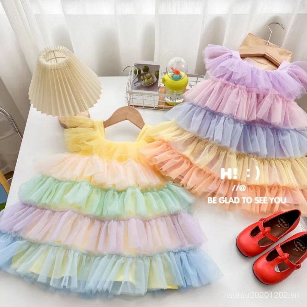 Đầm Công Chúa Dáng Xòe Màu Cầu Vồng Phong Cách Mới Cho Bé Gái