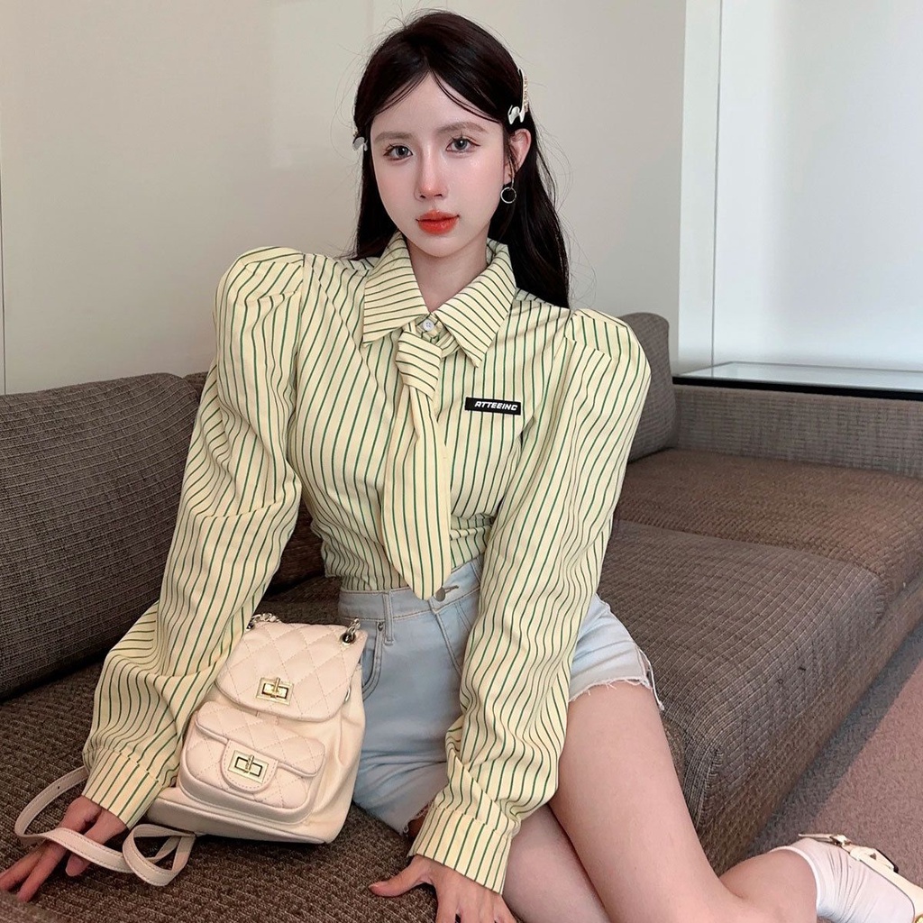 Áo Sơ Mi Tay Dài Dáng Ôm Họa Tiết Kẻ Sọc Phong Cách Hàn Quốc Thời Trang Cho Nữ