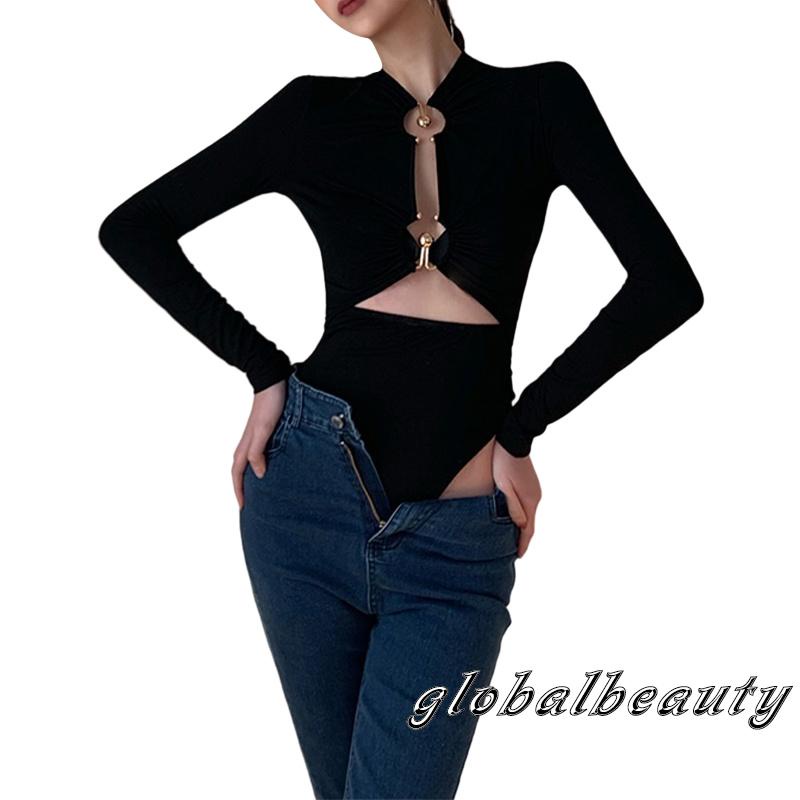 Gb-bộ Áo Liền Quần Dài Tay Khoét Rỗng Màu Trơn Với Vòng Kim Loại Cho Mùa Xuân Thu