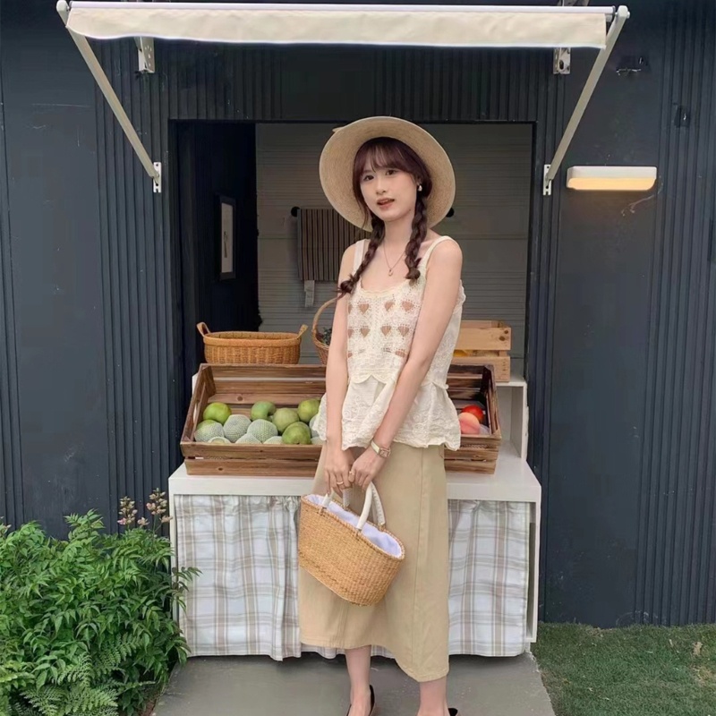 Xiangbao Áo Dệt Kim Không Tay Dáng Rộng Ghép Nối Viền Rỗng Họa Tiết Hoa Đáng Yêu Phù Hợp Cho Trường Học Hàng