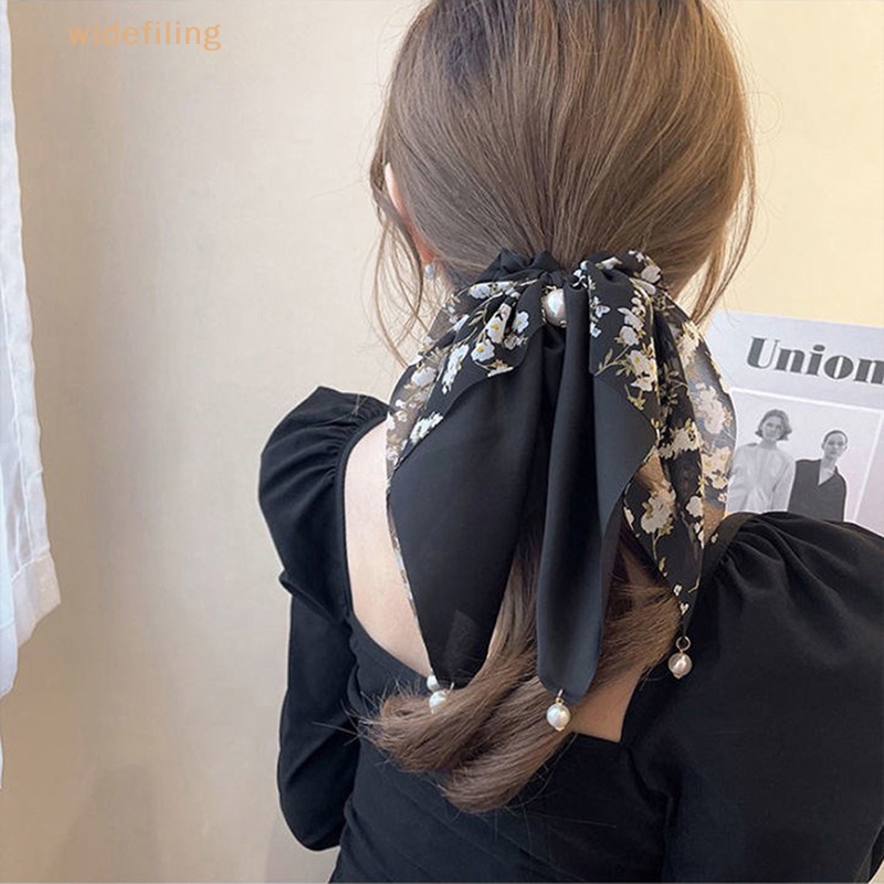 Dây Buộc Tóc Bản Rộng Hình Nơ Đính Ngọc Trai Đơn Giản Thời Trang Hàn Quốc