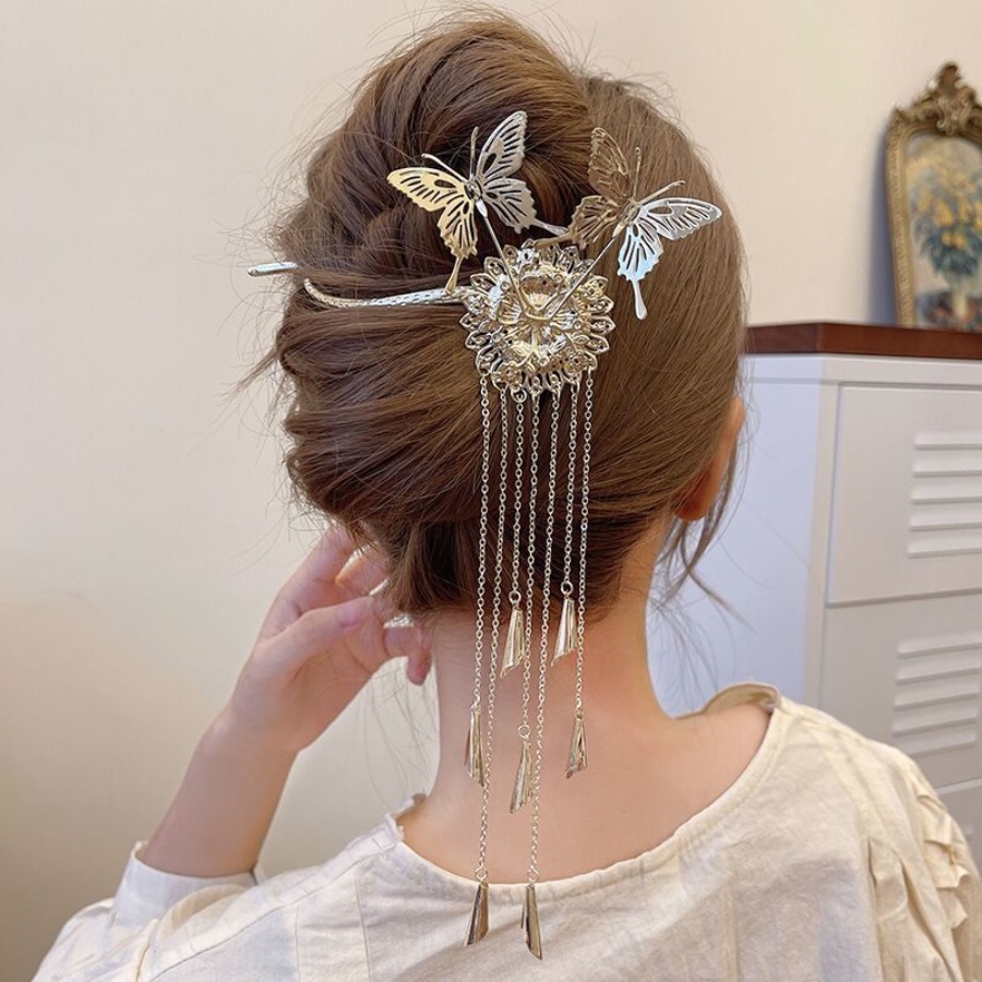 Trâm Cài Tóc Hình Bướm Lớn Bằng Hợp Kim Có Dây Xích Cho Nữ