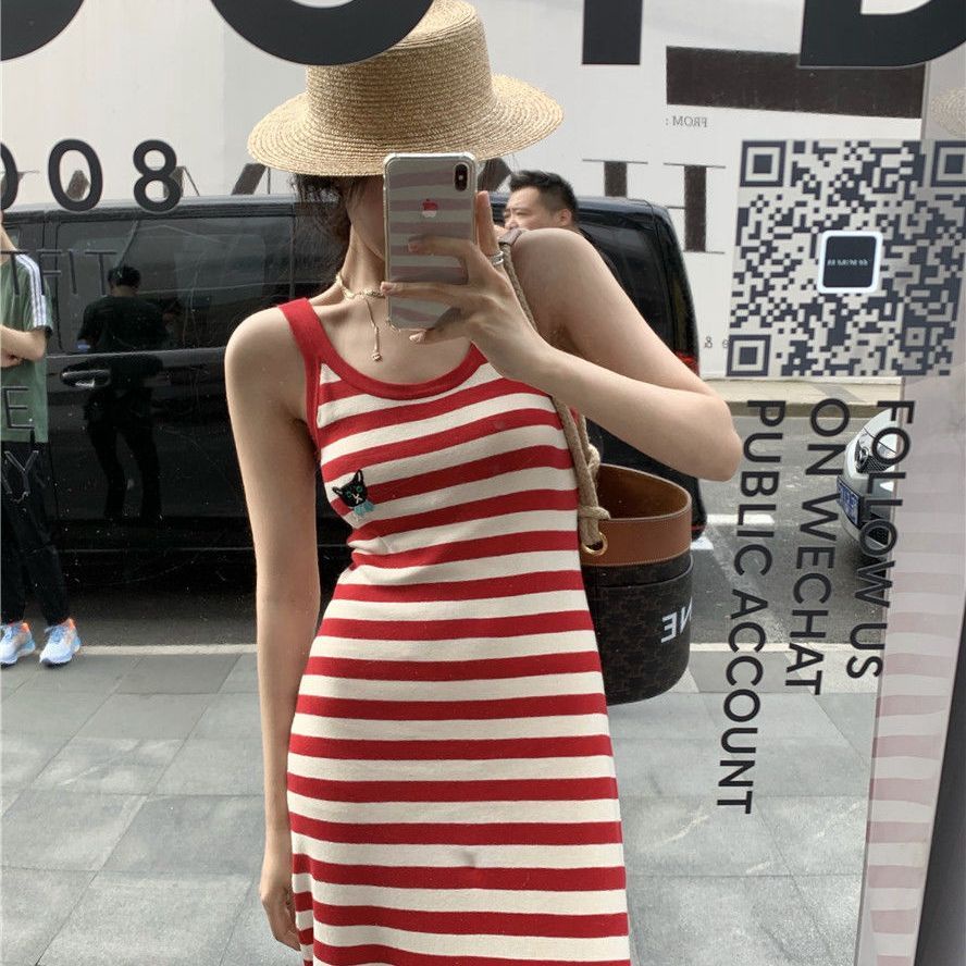 [F &amp; X] Đầm Dệt Kim Hai Dây Ôm Dáng Họa Tiết Kẻ Sọc Màu Đỏ Thời Trang Mùa Hè Dành Cho Nữ