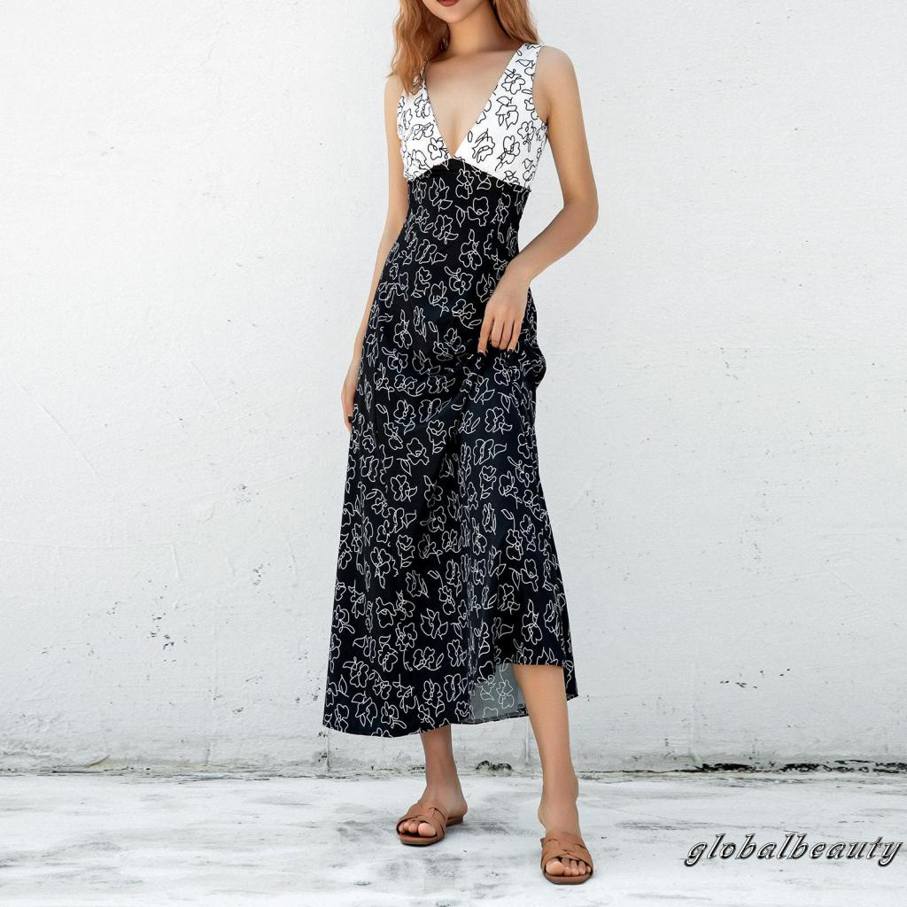 Đầm Dài Không Tay Cổ Chữ V Hở Lưng In Họa Tiết Hoa Dành Cho Nữ Dự Tiệc Cocktail