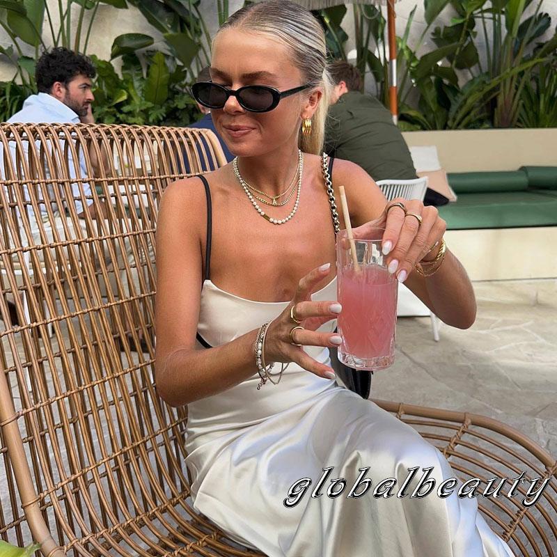 Đầm Dài Không Tay Vải Satin Hở Lưng Màu Sắc Tương Phản Dành Cho Nữ