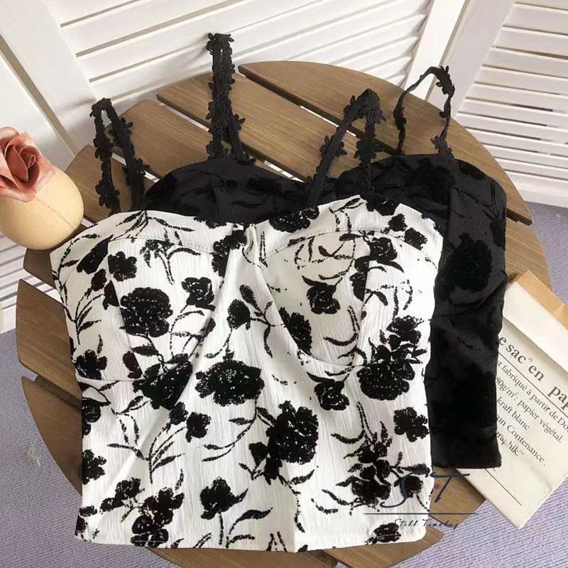 Áo Croptop Hai Dây In Họa Tiết Hoa Có Miếng Đệm Ngực CY03 Cho Nữ
