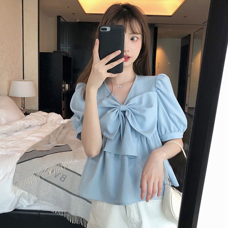 Plus Áo Sơ Mi Voan Dáng Rộng Cổ Chữ V Thắt Nơ Xinh Xắn Thời Trang Hè Cho Nữ