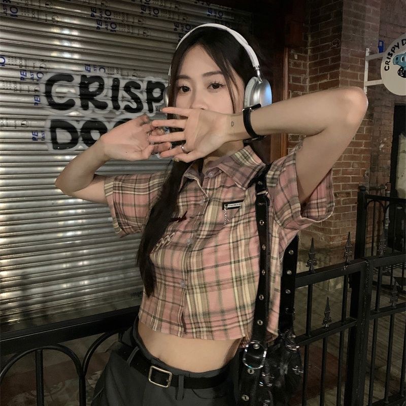 COZOK Áo Sơ Mi Ngắn Tay Dáng Ôm Hoa Văn Kẻ Ô Phong Cách vintage Thời Trang