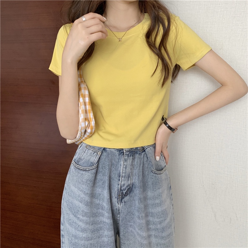 NZN Áo Thun crop top Tay Ngắn Màu Trơn Cổ Tròn Thời Trang Cho Nữ