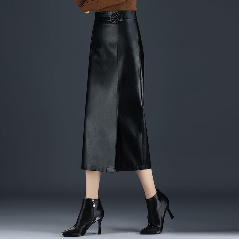 Chân Váy Da PU Dài Qua Gối Xẻ Tà Lưng Cao Ôm Dáng Gợi Cảm Có Size Lớn Cho Nữ