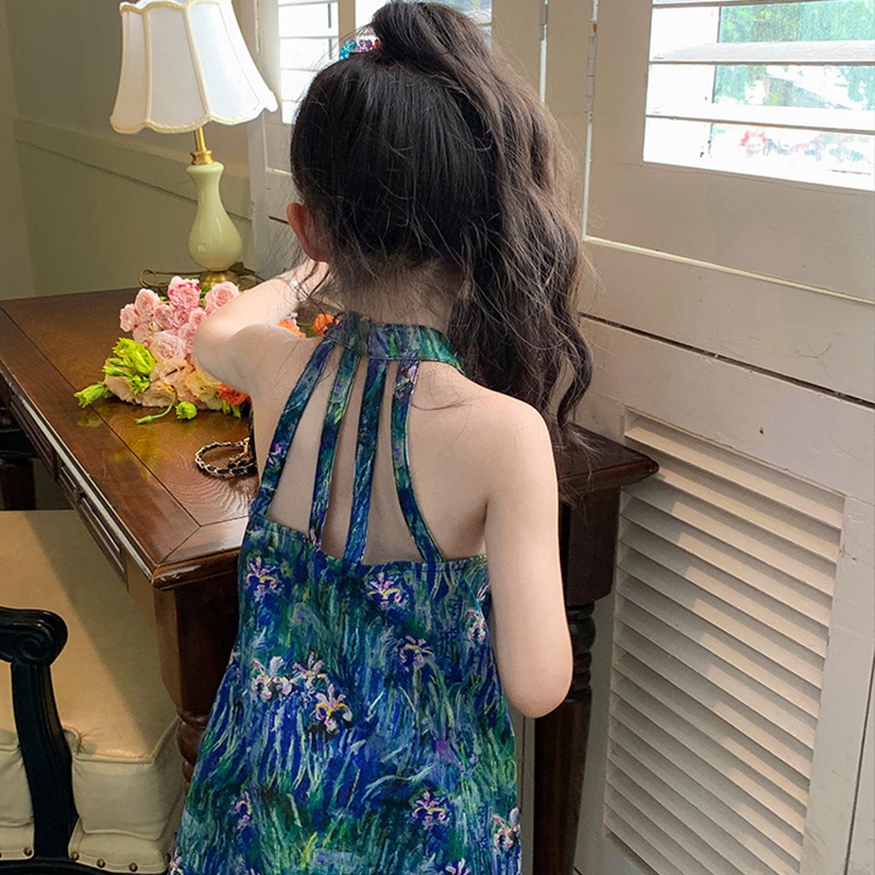 Đầm Hai Dây Đính Ngọc Trai Họa Tiết Tranh Sơn Dầu Thời Trang Mùa Hè Cho Bé Gái 1-6 Tuổi