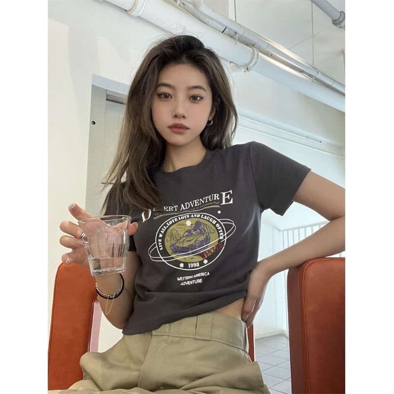 Áo Thun Tay Ngắn Cổ Tròn In Chữ Phong Cách Retro Dành Cho Nữ