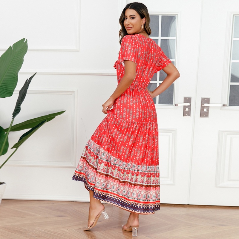 Đầm Xòe Tay Ngắn Cổ Chữ V In Họa Tiết Hoa Phong Cách Bohemian Thời Trang Mùa Hè Cổ Điển Cho Nữ