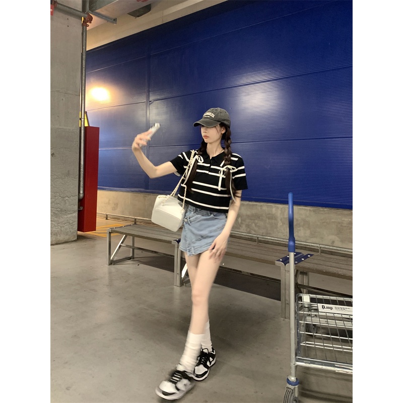 Áo polo Dệt Kim Ngắn Tay Ôm Dáng Họa Tiết Kẻ Sọc Màu Tương Phản Đơn Giản Cho Nữ