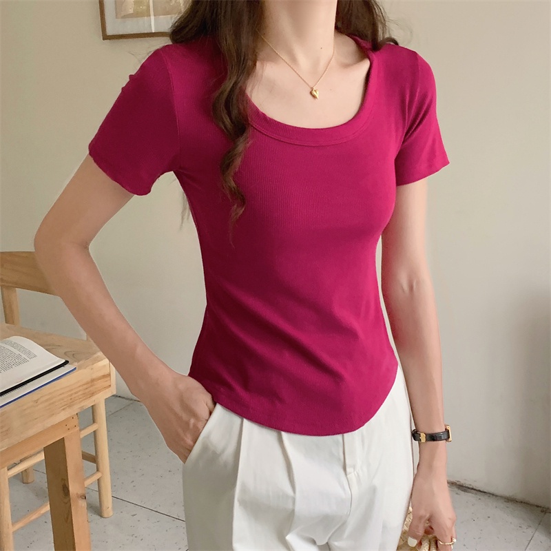 Áo Thun Tay Ngắn Cổ Chữ U Ôm Dáng Phong Cách Hàn Quốc Thời Trang Mùa Hè Mới Cho Nữ