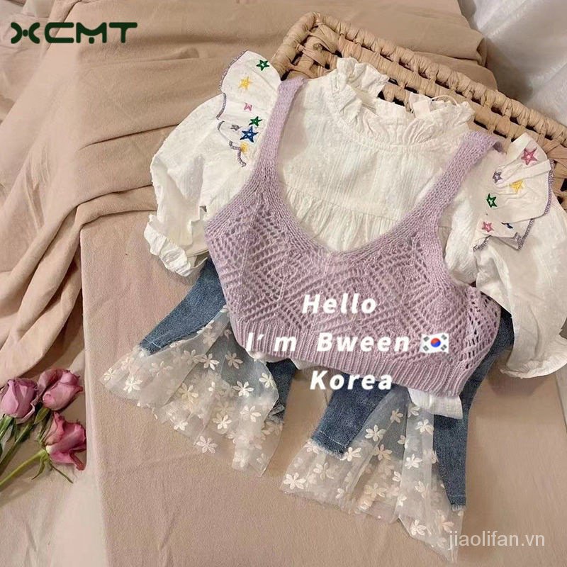 Set Đồ Mùa Xuân 2023 Phong Cách Hàn Quốc Gồm Áo Sơ Mi Dệt Kim Và Quần Jeans Phối Ren 24 Giờ Cho Bé Gái