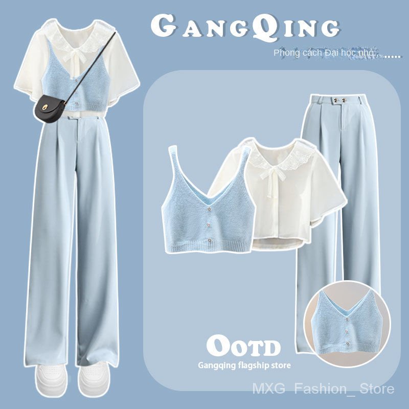 Set Áo Ngắn Tay + Quần Yếm Ống Rộng Phong Cách Phương Tây Thời Trang Mùa Hè Mới 2023
