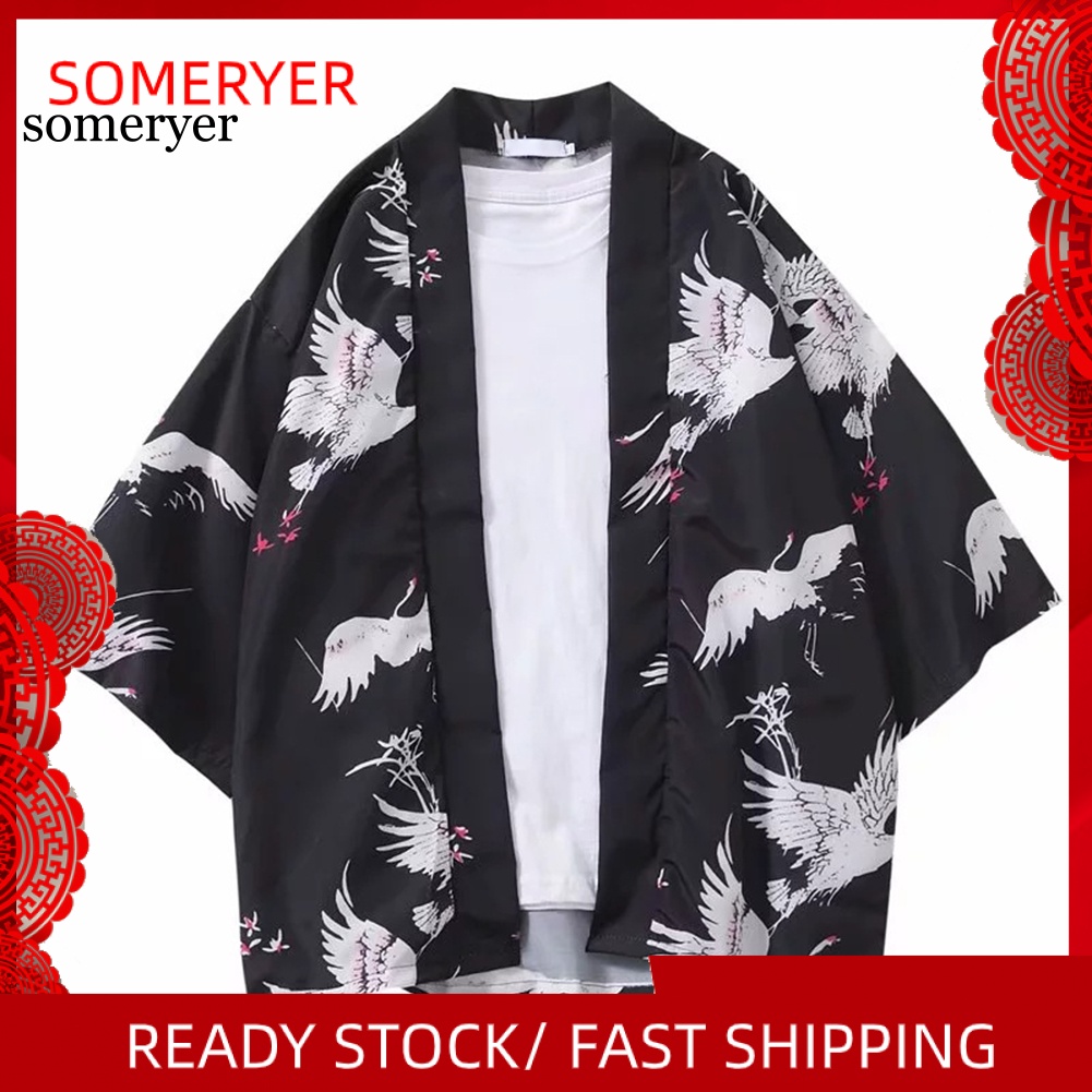 Áo Khoác Kimono Tay Lỡ 3 / 4 In Hình Chim Hạc Cho Nam