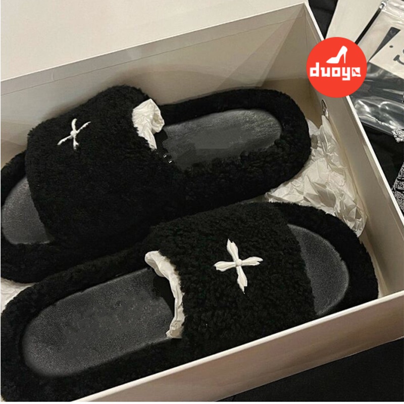 Dép Lông Xù Quai Chéo Đế Dày Bằng Dày Dặn Phong Cách Wu Xuanyi 2022 Thời Trang Xuân Thu Cho Nữ