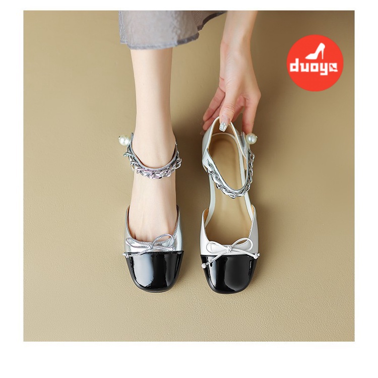 Duoya Tóc Thẳng ~ [Hàng Có Sẵn] Giày Cao Gót Da Thật Mềm Mại Khóa Nơ Hở Ngón Thông Thường Dễ Phối Đồ Cho Nữ