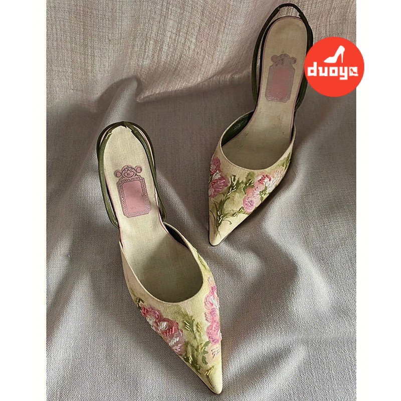 Duoya Giày Cao Gót Mũi Nhọn Miệng Nông Thêu Họa Tiết Phong Cách Trung Hoa Cho Nữ Miễn Phí Vận Chuyển